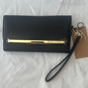 Steve Madden Black Pebbled Leather Wristlet with Gold Accent